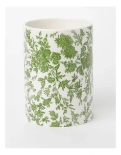 Heritage Garden To Table Floral Utensil Holder 13x13x18cm In Green/White