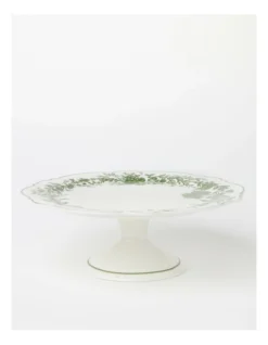 Heritage Green Toile Floral Footed Cake Stand Scalloped In Green